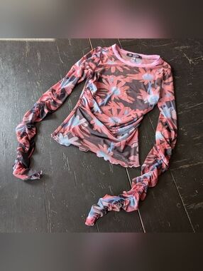 Urban Outfitters Pink Black Chiffon Top Long Ruche Sleeves Sheer Y2K Retro Small